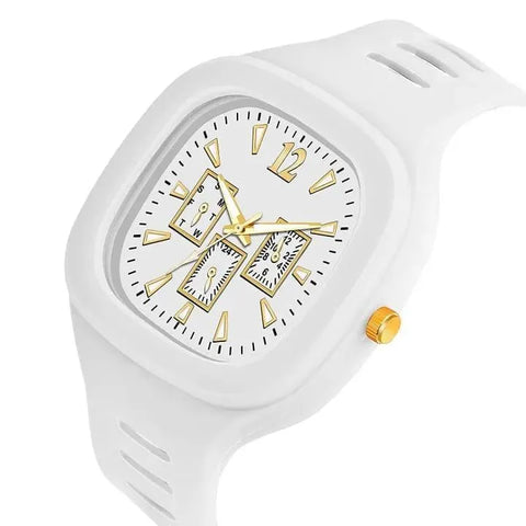 White Square Analog Watch With Golden Accents