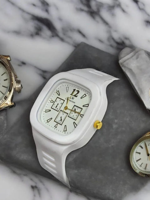 White Square Analog Watch With Golden Accents