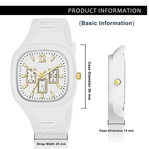 White Square Analog Watch With Golden Accents