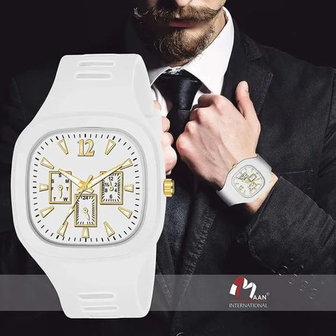 White Square Analog Watch With Golden Accents